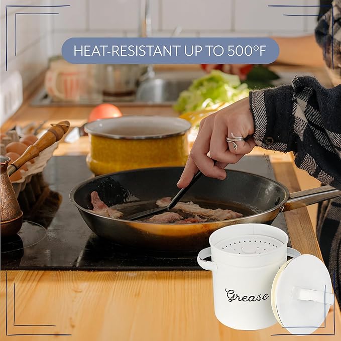 AuldHome Design Enamelware Grease Container w/ Strainer, Farmhouse Style Kitchen StorageTin, Labeled "Grease"