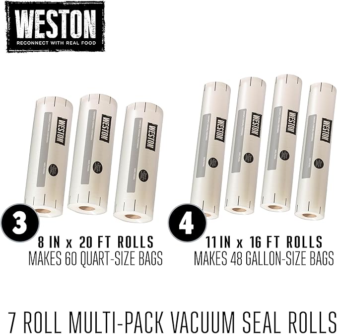 Weston Vacuum Sealer Bags, 2 Ply 3mm Thick, for NutriFresh, FoodSaver & Other Heat-Seal Systems, for Meal Prep and Sous Vide, BPA Free, 8" x 20’ & 11” x 16’ Rolls for Custom Sizes, 7 Count, Clear