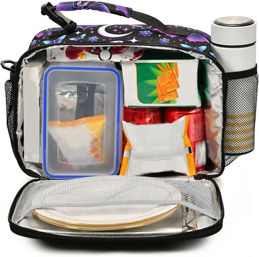 MNSRUU Student Lunch Bag Neon Purple and Bats Stars and Moons Insulated DinnerTotes Picnic Bag Lunch Box with Adjustable Shoulder Strap for Teen Kids Adults