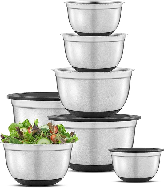 JoyJolt Stainless Steel Mixing Bowls with Airtight Lids, 7 Piece Nesting Bowls Set for Kitchen with Measurement Marks, Non-Slip Bottoms, Cooking, Baking, Prepping, Storage, 7/5/4/3/1.5/1/.75QT, Black