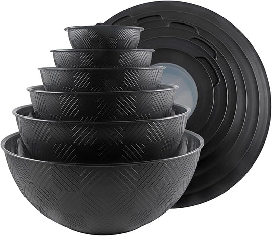 COOK WITH COLOR Mixing Bowls with Lids - 12 Piece Plastic Nesting Bowls Set includes 6 Prep Bowls and 6 Lids, Non Slip Bottom and Rhombus Design - Microwave Safe (Black)
