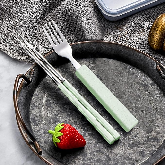 VANRA 3-Piece Children Utensils Set 18/8 Stainless Steel Child Flatware Set Silverware Spoon Fork Chopstick Set with Travel Case for Kids Lunch Box