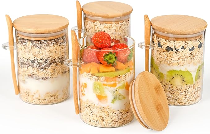 Overnight Oats Containers with Lids,4 Pack 18oz Overnight Oats Jars with Spoons,Salad Meal Prep Jar with Bamboo Lids for Chia Seed Pudding Salad Cereal Coffee Flour,Sourdough Starter Jar for Bread