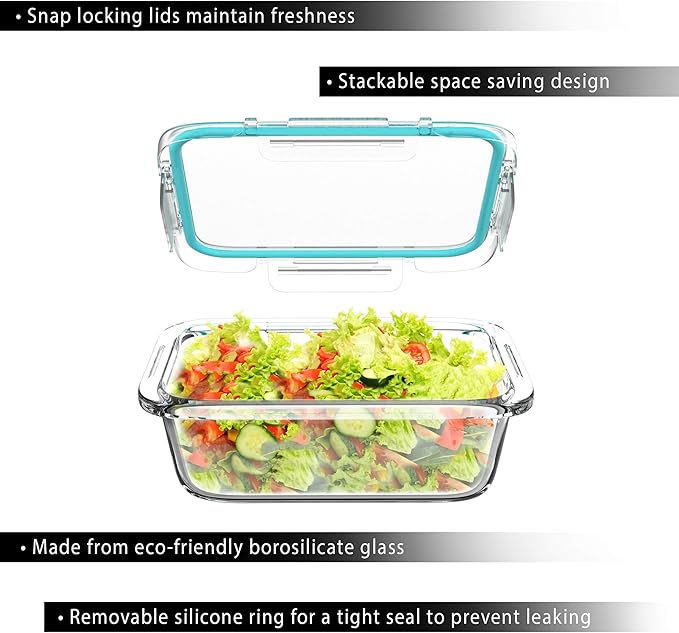 Classic Cuisine 5-Pack Glass Food Storage Containers Set - 1-Compartment Dishwasher and Microwave-Safe Glassware with Snap-Shut Lids for Meal Prep