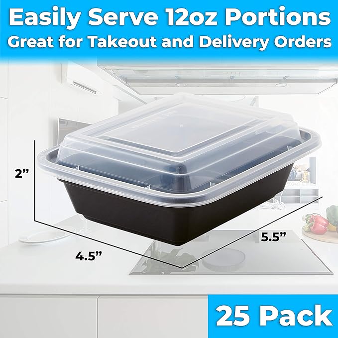 Durable Food Storage Container, Commercial Grade, BPA Free Plastic Containers with Lids, 25ct, Recyclable, Leakproof, Microwavable Portion Container for To-Go Orders, Food Prep and Storage, 12 ounce