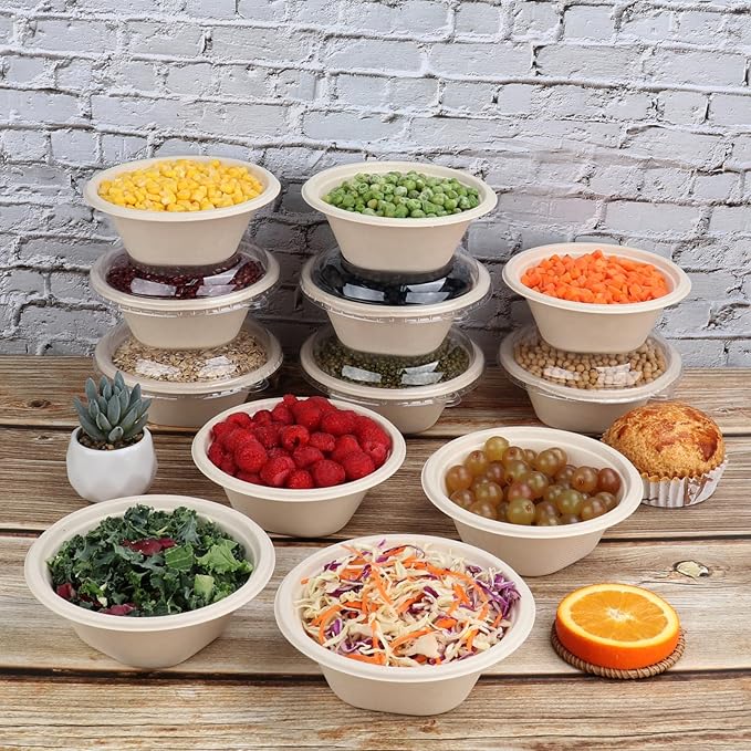 16 oz Round Disposable salad bowls with lids, Sugarcane Fiber Paper Bowls take away food containers Plant Fibers Freezer Safe 50 Pack