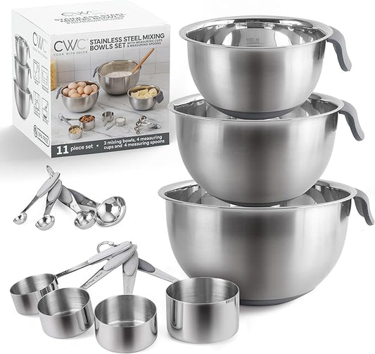 COOK WITH COLOR Stainless Steel Mixing Bowls Set and Measuring Cups - Nesting Bowls with Non-Slip Bottom and Easy-Grip Handles, Grey, 11 Pieces