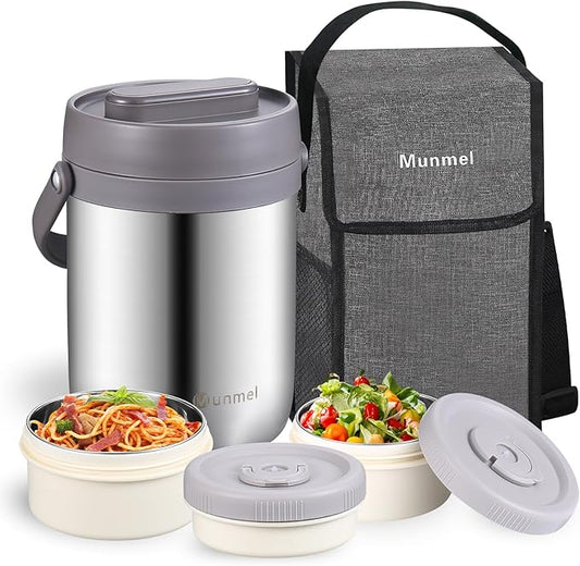 Adults Lunch Vacuum Soup Thermos For Hot Food with Inserts Stackable Bento Box Storage Container,Width Mouth Stainless Steel Portable Insulated Food Jar (silvery, 74 oz)