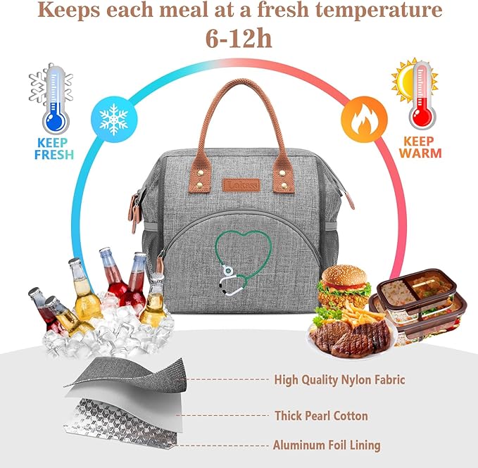 LOKASS Nurse Lunch Bag for Women, Embroidered Lunch Box with Special Nursing Design, Insulated Lunch Tote Ideal for Nurse Gifts, Neutral Grey