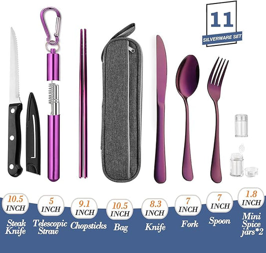Portable Travel Reusable Utensils Silverware with Case,Travel Camping Cutlery set,Chopsticks and Straw Flatware, Stainless steel Travel Utensil set UP(Purple)