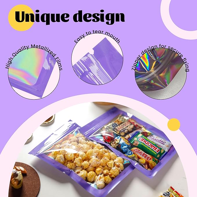 100 Pcs Holographic Bags Purple Resealable Bags with Clear Window Mylar Bags for Food Storage Packaging for Small Business(5.5×8Inch)