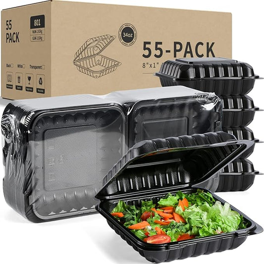 YANGRUI To Go Containers, Reusable Shrink Wrap 34 OZ 55 Pack 8 Inch Plastic Hinged Take Out Boxes BPA Free Microwave Freezer Safe MFPP Clamshell Food Container