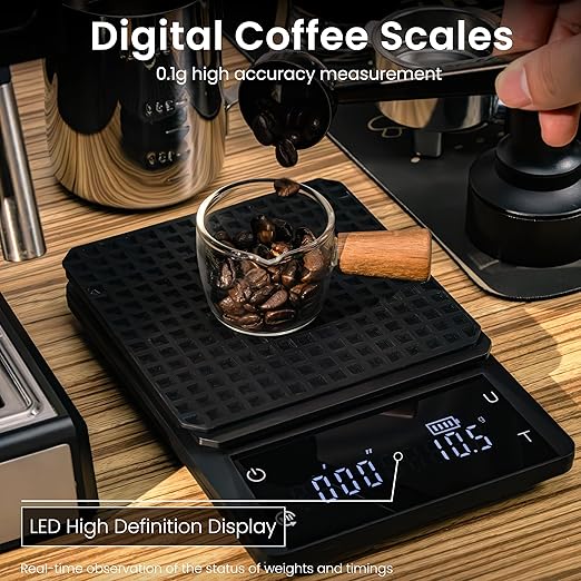 bemece 0.1g Precision Coffee Scale with Timer, Digital Espresso Scale with Back-Lit LCD Display, IPX6 Waterproof Drip Espresso Scale, 3 Units of Measurement for Espresso, French Press, Kitchen Use