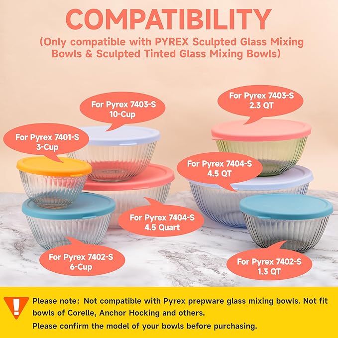 1 Pack Silicone Replacement Lids Only Fit for Pyrex 7404-S 4.5 Quart Sculpted Clear & Sculpted Tinted Glass Mixing Bowls, Extra Large Size Silicone Covers, Dishwasher & Microwave Safe