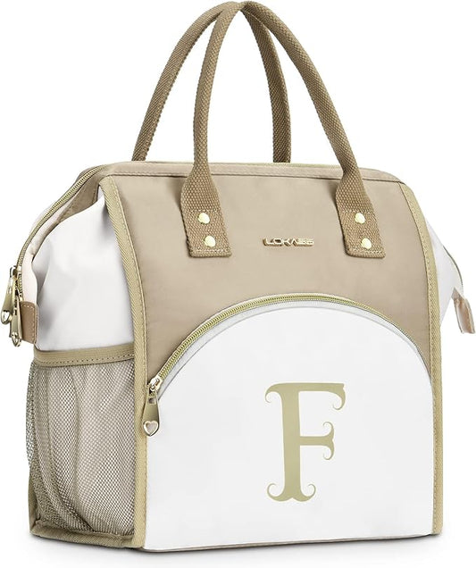 Personalized Lunch Box for Women, Reusable Insulated Lunch Bag, Wide-Open Adult Lunchbox Cooler Lunchbag Snack Organizer, Initial Leakproof Lunch Tote Bag for Picnic Work Outdoors, F