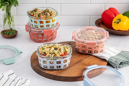 Ello Duraglass Mixed Meal Prep Sets Leak-Proof Glass Food Storage Containers with Silicone Sleeves and Airtight BPA-Free Lids, Dishwasher, Microwave, and Freezer Safe