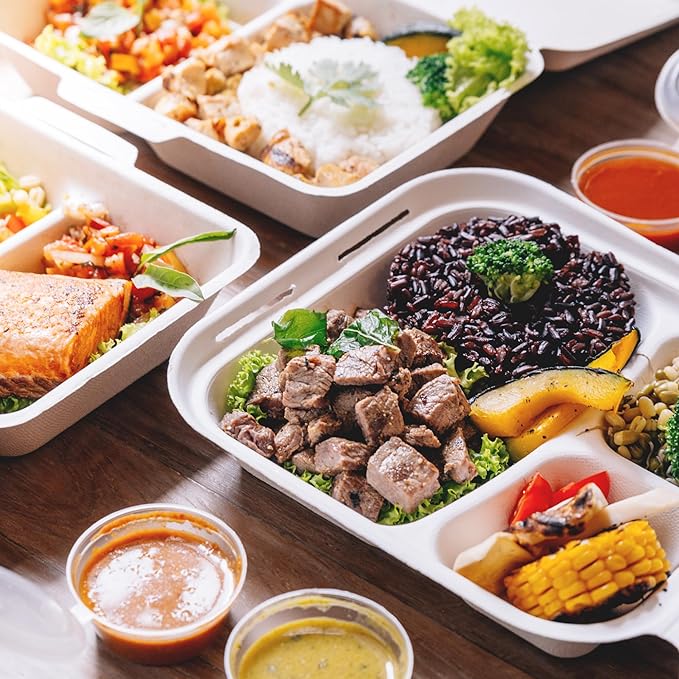 Freshware Compostable 9x9" Clamshell Take Out Food Containers [50-Pack] - Biodegradable Sugarcane To Go Boxes - Paper Food Container - Microwave & Freezer Safe, Stackable