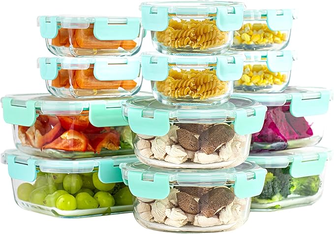 24-Piece Glass Food Storage Containers - Airtight Snap Locking Lids, See-through Borosilicate Glass Meal Prep Containers, Great On-The-Go Glass Lunch Boxes, Fridge, Microwave, Dishwasher Safe