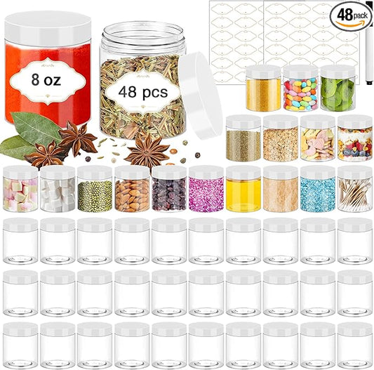 8 OZ Plastic Jars, 48 Pcs Clear Plastic Jars with Lids Stackable Leakproof Storage Containers Jar Clear Empty Slime Containers with White Lids for Kitchen and Household Food Storage