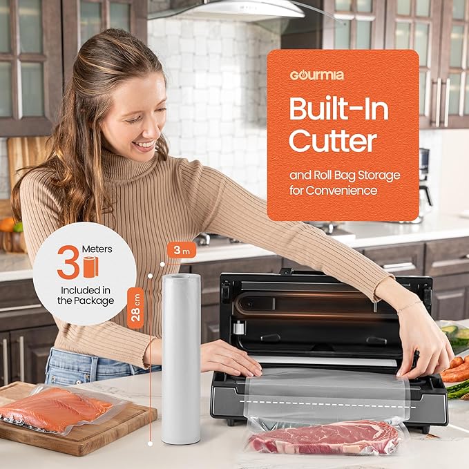 Food Vacuum Sealer Machine | High Vacuum Speed at 15 L/minute | Compact & Portable Vacuum Sealer for Food | Built-in Cutter & Roll Bag Storage | Food Bag Sealer with Stainless Steel Cover | Gourmia