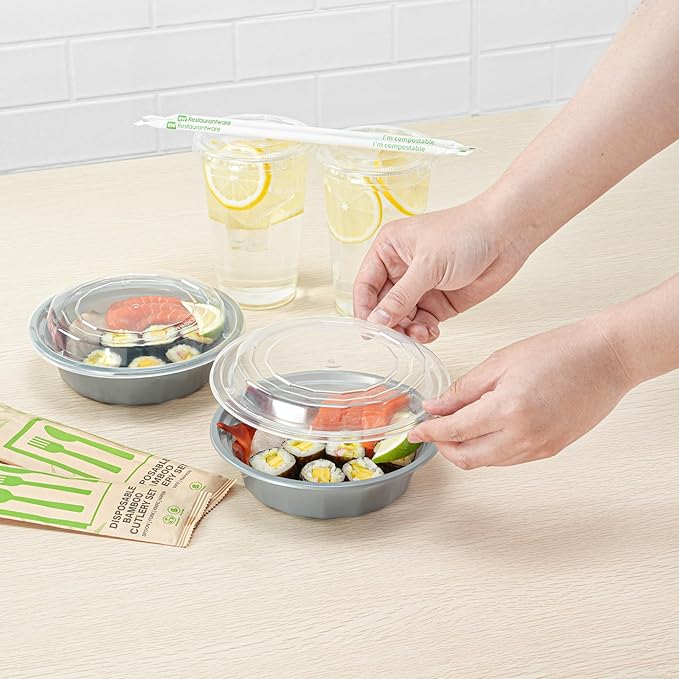 Restaurantware Asporto 16 Ounce Round Take Out Containers, 100 Food Containers With Lids - Microwavable, Disposable, Silver Plastic To Go Food Containers, No BPA, For Take Out And Delivery