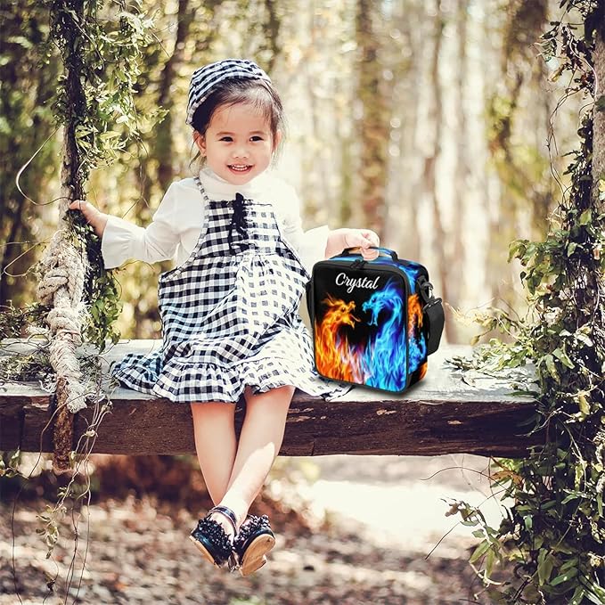 Personalized Lunch Box with Name, Custom Lunch Box Flame Dragon Customized Insulated Lunch Bag Tote, Cooler Freezable Meal Prep Bag with Shoulder Strap Waterproof Lunch Container for Office Picnic