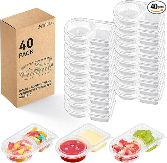 Qeirudu 40 Sets 6 oz Reusable Plastic Snack Containers, Double Compartment Condiment Containers with Lids for Meal Prep, Dipping Sauce, Portion Control, Travel Snack