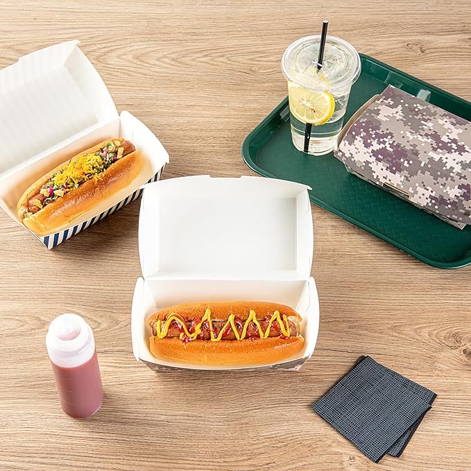 Restaurantware Bio Tek 6.7 x 3.5 x 3.5 Inch Clamshell Food Containers 100 Disposable Sandwich Containers - Hinged Lid Tab-Lock Closure Camouflage Paper Hot Dog Containers Durable Greaseproof