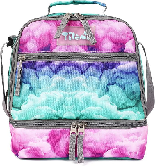 Tilami Lunch Bags Insulated Adjustable Strap Zipper, Water-Resistant Cooler Bags, Bento Bags for Kids Toddlers, Clouds Green