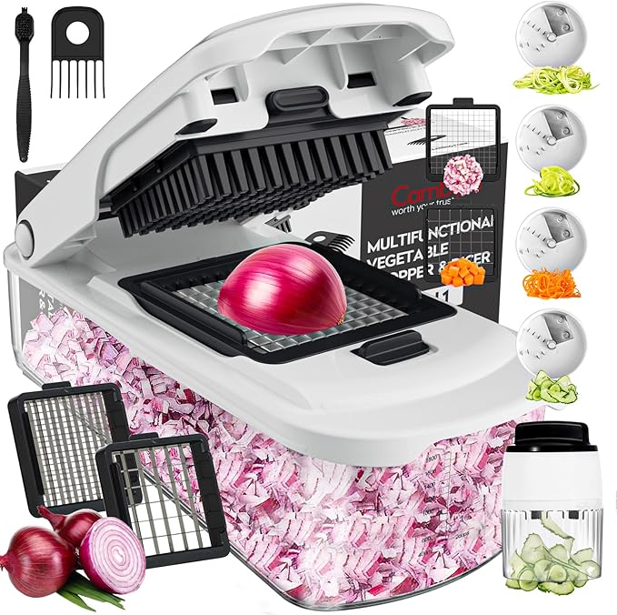 Cambom Vegetable Chopper With Container, Multifunctional Food Chopper Onion & Vegetable Cutter Dicer With 8 Blades, Carrot & Veggie Slicer Spiralizer 6 Blades