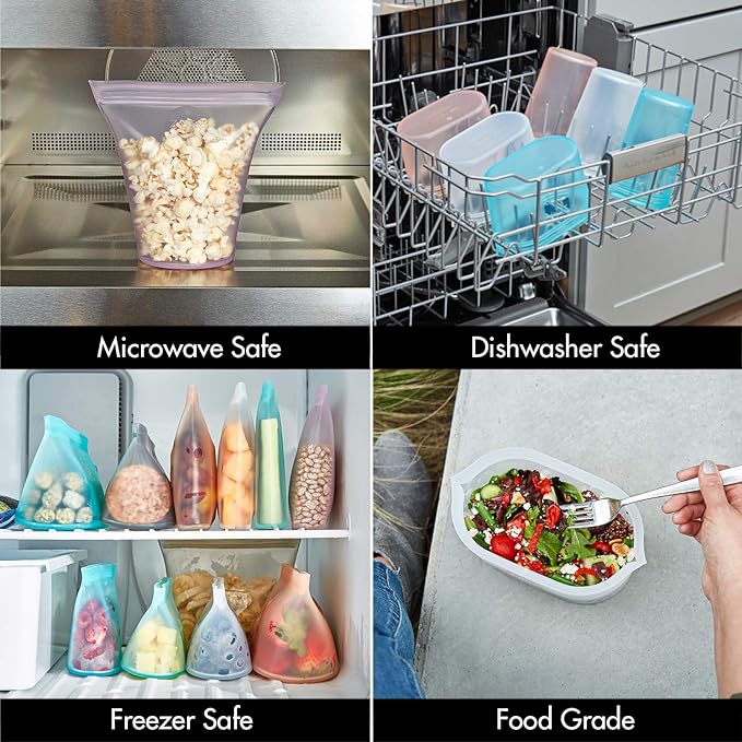 Zip Top Reusable Food Storage Bags | Full Set of 8 [Frost] | Silicone Meal Prep Container | Microwave, Dishwasher and Freezer Safe | Made in the USA