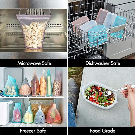 Zip Top Reusable Food Storage Bags | Medium Dish [Peach] | Silicone Meal Prep Container | Microwave, Dishwasher and Freezer Safe | Made in the USA