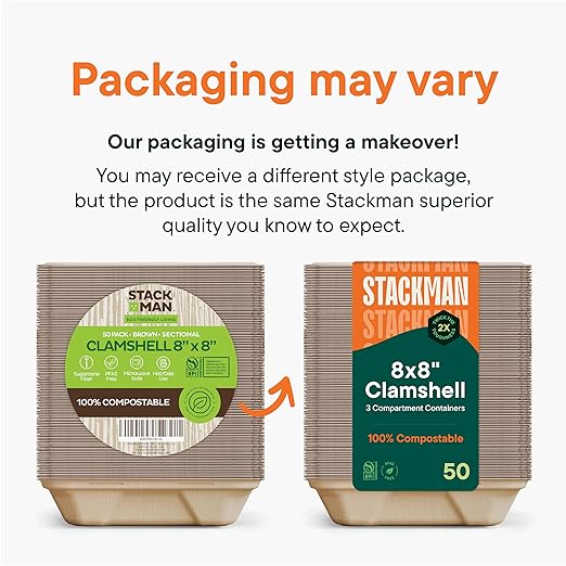 [Bulk - 200-Count] 100% Compostable to Go Containers 8x8" 3-Compartment Clamshell Take Out Food Container with Hinged Lid - Disposable Togo Plates - Eco-Friendly Takeout Box Made of Sugar Cane Bagasse