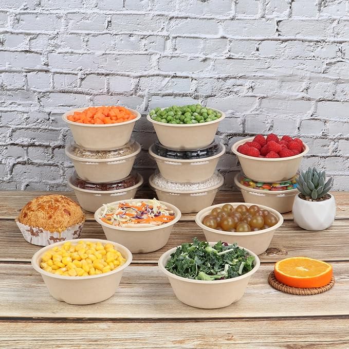 10 oz Round Disposable salad bowls with lids, Sugarcane Fiber Paper Bowls take away food containers Plant Fibers Freezer Safe 50 Pack