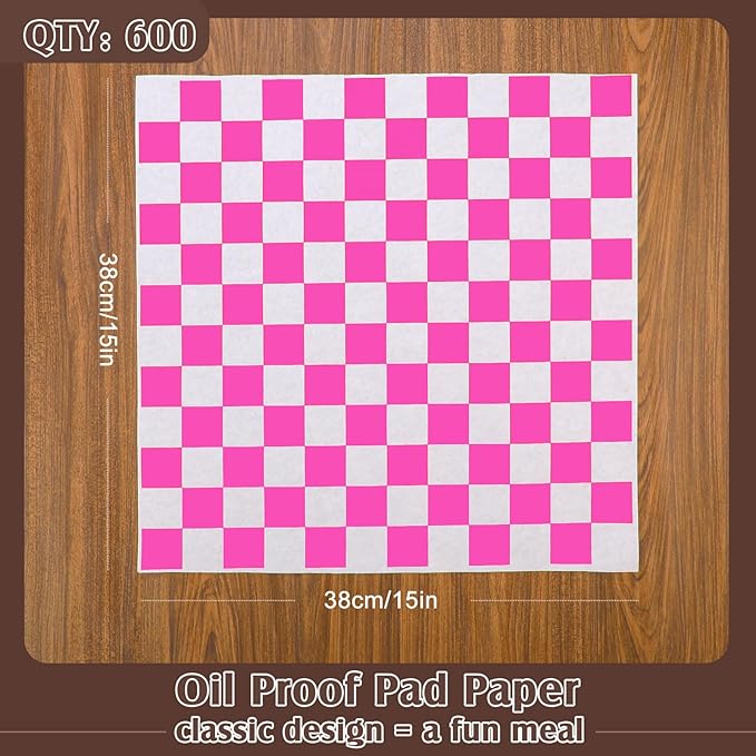 600 Pcs Sandwich Wrapping Paper Sheet 15x15 Checkered Food Wax Paper Sheets Parchment Paper Basket Liner Grease Restaurant Supplies for Wrapping Bread Burgers Food Serving (Pink)