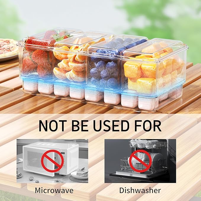 Eanpet 3Pack Ice Chilled Condiment Caddy with 4 Containers & 4 Lids Fruit Serving Tray Platter with Handle Portable Condiment Organizer Server for Mimosa Bar Supplies,Salad,Taco,Party Garnish,White