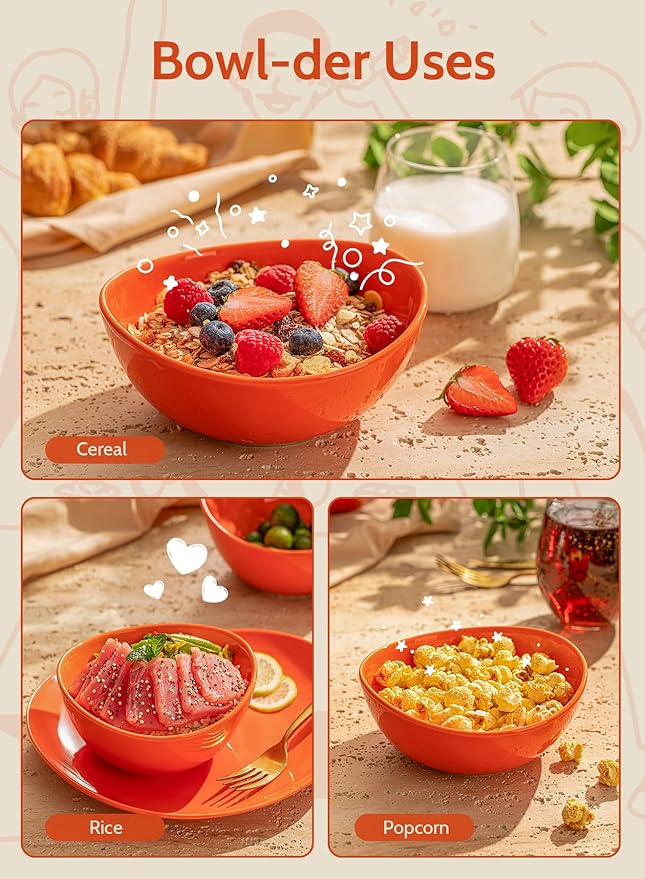 Sweese 6 Inch Porcelain 18 oz Bowls Set of 6, for Soup | Cereal | Fruits | Rice - Microwave, Dishwasher, and Oven Safe - Hot Assorted Color