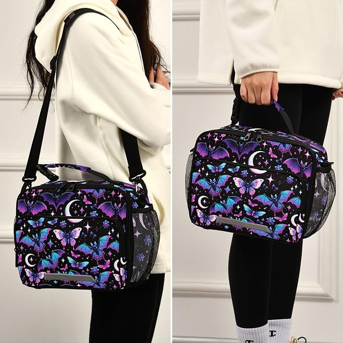 MNSRUU Student Lunch Bag Neon Purple and Bats Stars and Moons Insulated DinnerTotes Picnic Bag Lunch Box with Adjustable Shoulder Strap for Teen Kids Adults