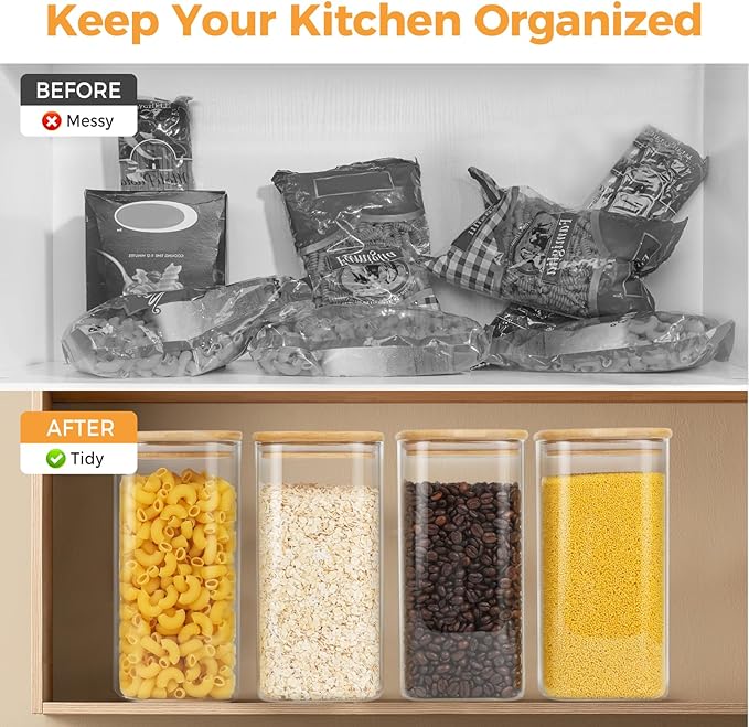 Glass Jars with Airtight Lid,Glass Storage Jars with Bamboo Lid, 54oz Set of 4 Glass Canisters with Airtight Lids, Square Glass Kitchen Storage Containers Jars,Pasta Containers