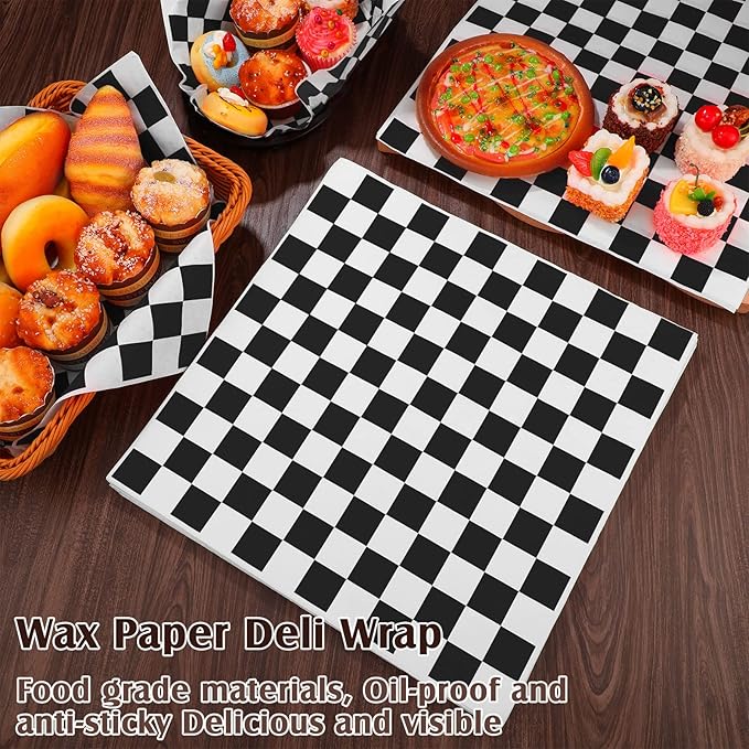 Honeydak 600 Pcs Sandwich Wrapping Paper Sheet 15x15 Checkered Food Wax Sheets Parchment Paper Basket Liner Grease Restaurant Wedding Party Supplies for Wrapping Bread Burgers(Black)