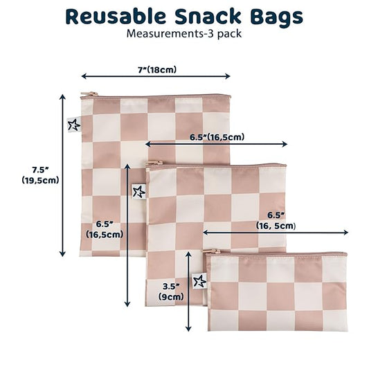 Tiny Twinkle 3 Pack Reusable Snack Bags - Machine Washable, PFAS, PVC, BPA, Phthalate-Free Reusable Baby and Toddler Food Safe Snack Bags (Beige Checkers)
