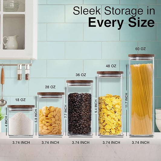 Glass Jars with Wood Lids Set of (2) 60 fl oz Canisters Airtight and Stackable Storage Containers for the Kitchen or Pantry Canister Wooden Acacia Lid holds Food Cookies Coffee Spaghetti Pasta