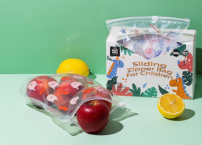 Quart Resealable Slider Food Storage Bags, 100 Count, Fun Designs, 4 Different Fun Patterns, Zero BPA, Lunch, Trips, Parties & More