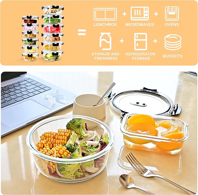 24 Piece (12 Food Storage Containers and 12 Lids),13.5+32.1 OZ Black Glass Storage Containers With Lids,Round Glass Meal Prep Containers,Microwaveable,Meal Preparation,Storage Containers