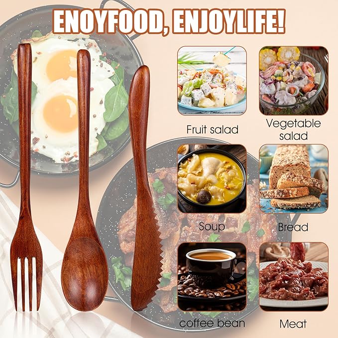 Molain Wooden Utensils for Eating - 18 Pcs Wooden Cutlery Set, Spoon Fork Knife Flatware Dinner Tableware Set, Eco-Friendly Wood Utensils for Kitchen and Travel