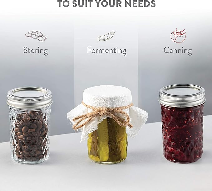 Paksh Novelty Mason Jars - 12-Pack Quilted Glass Jars with Lid & Seal Bands - Airtight Container for Pickling, Canning, Candles