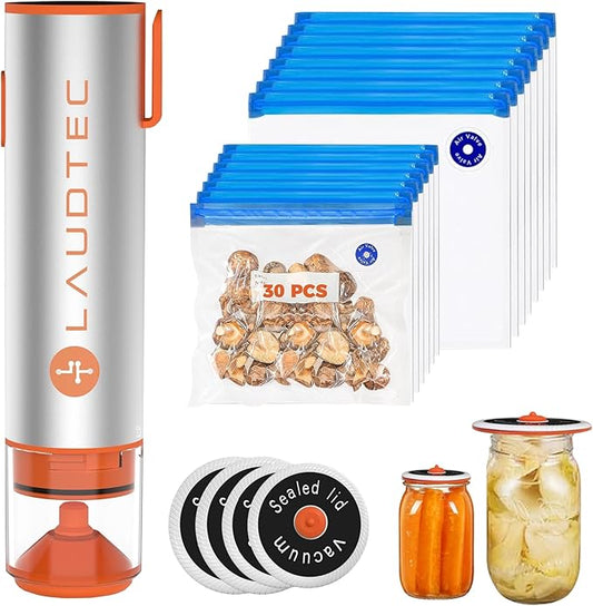 2-in-1 Handheld Vacuum Sealer for Food Storage Bags and Mason Jars (Vacuum Sealer + 30 Reusable Storage Bags + 4 Reusable Wide Mouth Jar Lids)