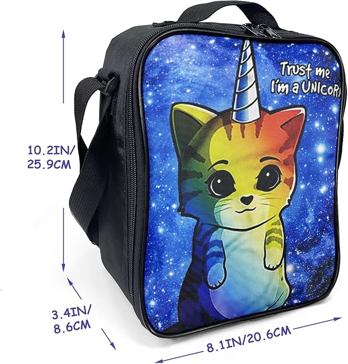 Insulated Lunch Bag for Kids, Boys Girls Lunch Box, Cute Cat Lunch Bag with Shoulder Strap, School Bento Lunch Box for Kids Toddlers Teens, Aesthetic Black Reusable Cooler Thermal Meal Tote Kit