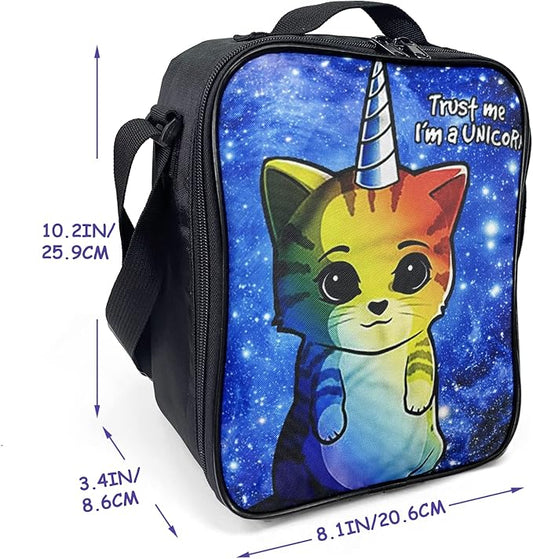 Insulated Lunch Bag for Kids, Boys Girls Lunch Box, Cute Cat Lunch Bag with Shoulder Strap, School Bento Lunch Box for Kids Toddlers Teens, Aesthetic Black Reusable Cooler Thermal Meal Tote Kit