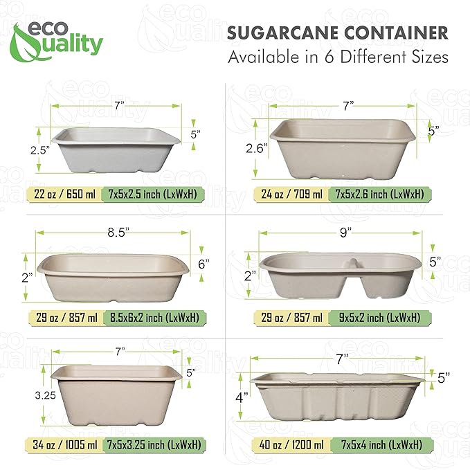 EcoQuality 34oz Disposable Bowls - Rectangular Compostable Sugarcane Fiber Biodegradable Paper Bowls Eco-Friendly Oblong Take Out Food Containers, Food Storage, Microwave Safe, Meal Prep (400 PACK)